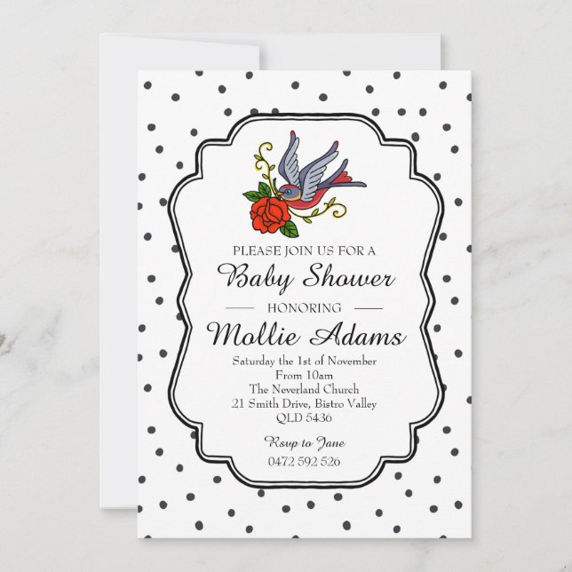 Bird Rockabilly Baby Shower Invite Invitation (Front)