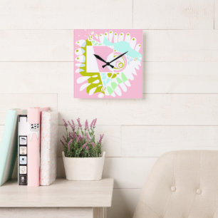 Bird’s Nest - Flamingo Pink White Square Wall Clock