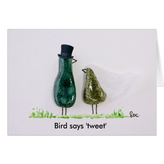 Bird says 'tweet' wedding green ceramic couple (Front Horizontal)