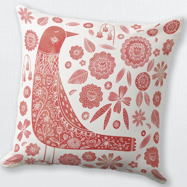 Bird Scandinavian Red White Cushion (Red and white folk art Scandinavian bird and flower throw pillow)