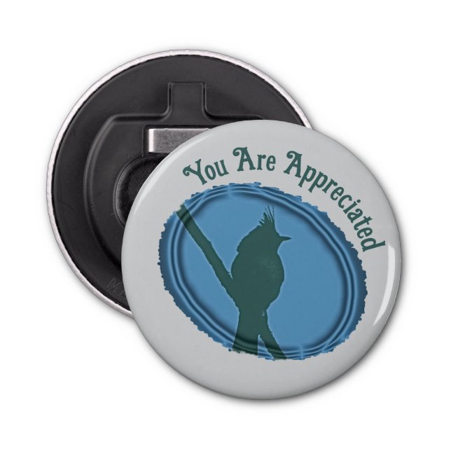 Bird Silhouette Appreciation Blue Grey Thank You Bottle Opener (Front)