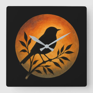 Bird Silhouette Over Full Moon Square Wall Clock