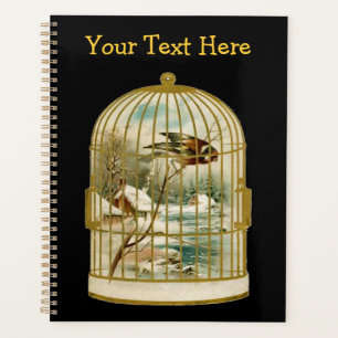 Bird Snow Covered Farm by Stream in Gold Birdcage Planner