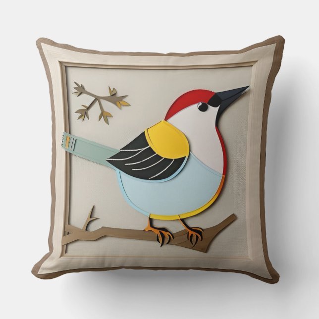 Bird Stylised Paper Artwork Cushion (Front)