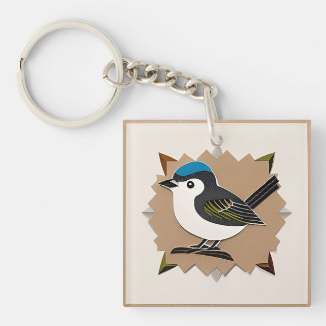 Bird Stylised Paper Artwork Key Ring (Front)