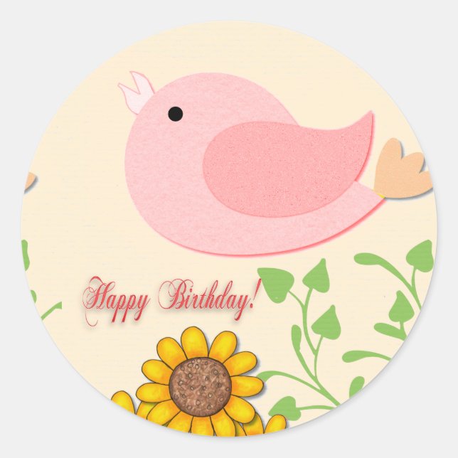 Bird & Sunflowers Birthday Classic Round Sticker (Front)