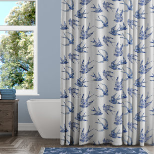 Bird Swallow Floral Navy White Chinoiserie Vintage Shower Curtain