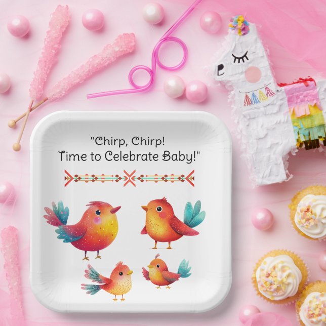 Bird-Themed Baby Shower Cute Watercolor Paper Plate (Party)