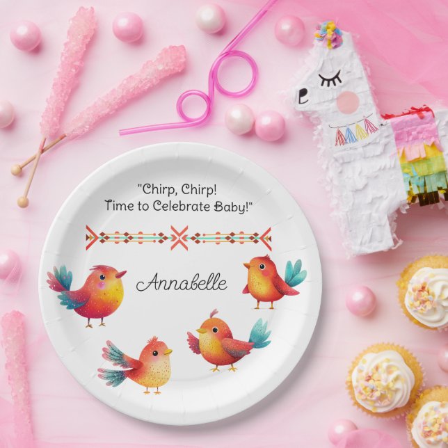 Bird-Themed Baby Shower Cute Watercolor Paper Plate (Party)