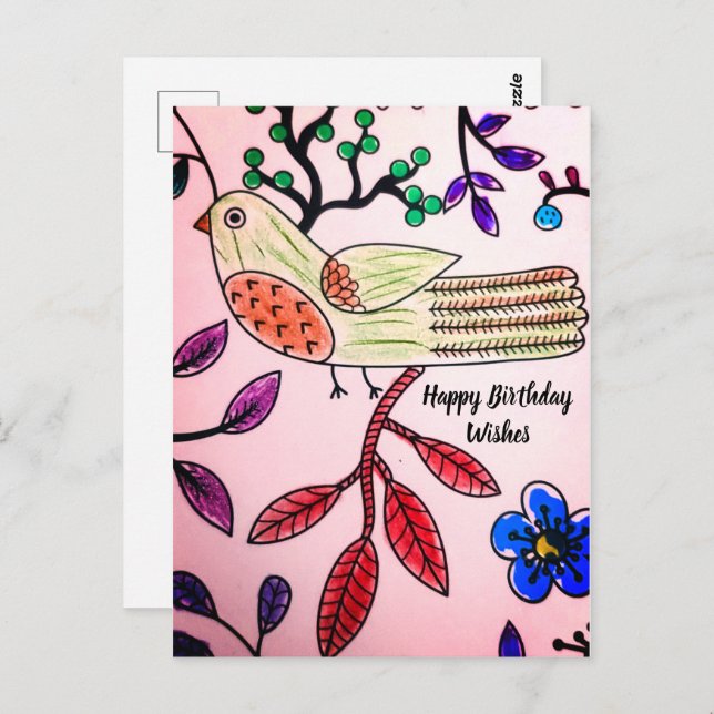 BIRD TREE PINK ORANGE BLUE  |  Colorbook Postcard (Front/Back)