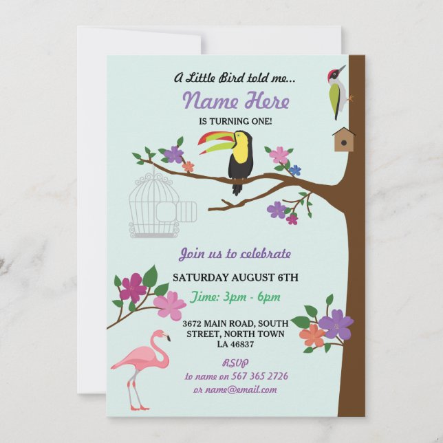 Bird Tucan GirI Birthday Mint Twins Invite (Front)