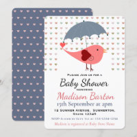 Bird Under Umbrella Raining Hearts Baby Shower