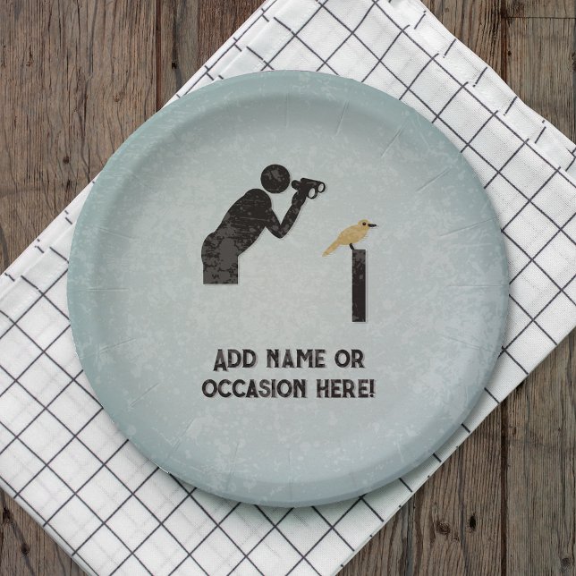 Bird watcher & binoculars - his name or funny text paper plate (Creator Uploaded)