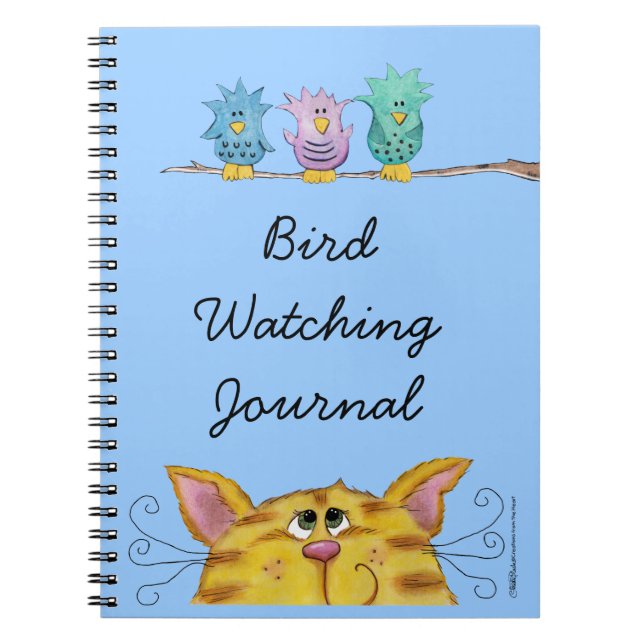 Bird Watcher-Cat Watches Birds Above Spiral Notebook (Front)