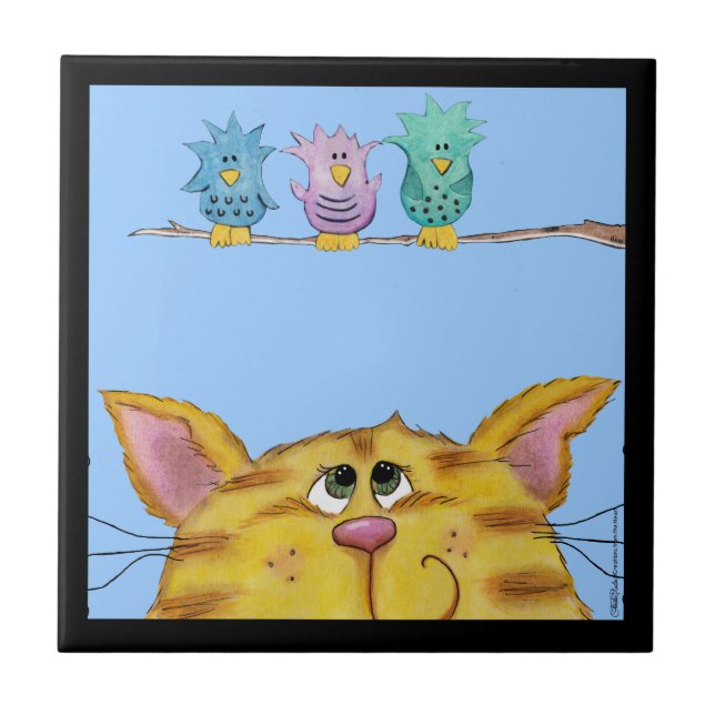 Bird Watcher-Cat Watches Birds Above Tile (Front)