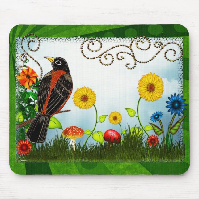 Bird Watching Whimsical Folk Art Mouse Pad (Front)