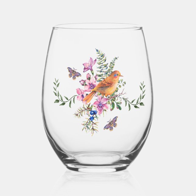 Bird Watercolor Botanical Eucalyptus Greenery leaf Stemless Wine Glass (Front)