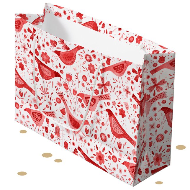 Bird Watercolor Red Christmas Holidays Large Gift Bag (Festive red and white watercolor bird pattern gift bag)