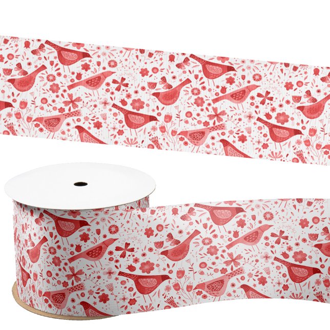 Bird Watercolor Red Christmas Holidays Satin Ribbon (Red and white watercolor bird pattern festive satin ribbon)