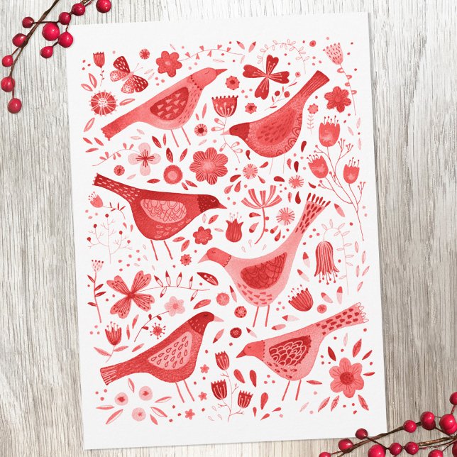 Bird Watercolor Red Holiday Card (Watercolor bird and flower red and white holiday card)