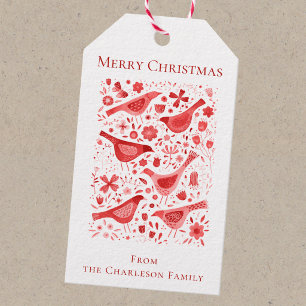 Bird Watercolor Red Holiday Gift Tags