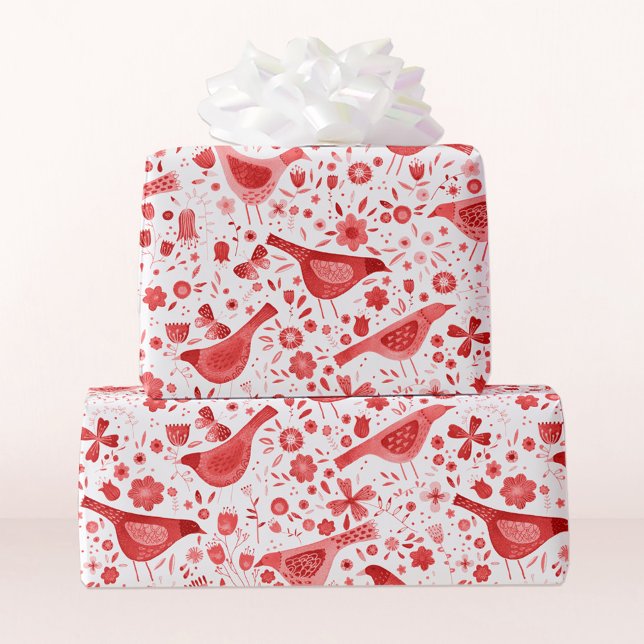 Bird Watercolor Red White Wrapping Paper (Pretty watercolor red and white bird and flower gift wrap)