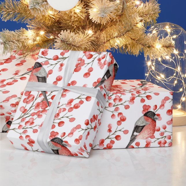 Bird Winter Berry Woodland Themed Christmas Wrapping Paper (Holidays)