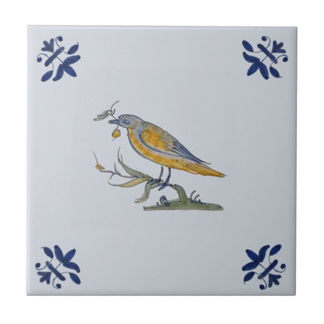 Bird with Berry Delft Repro Hand Painted c. 1650  Tile (Front)