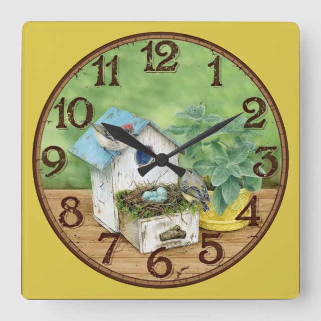 Bird with Birdhouse Square Wall Clock (Front)