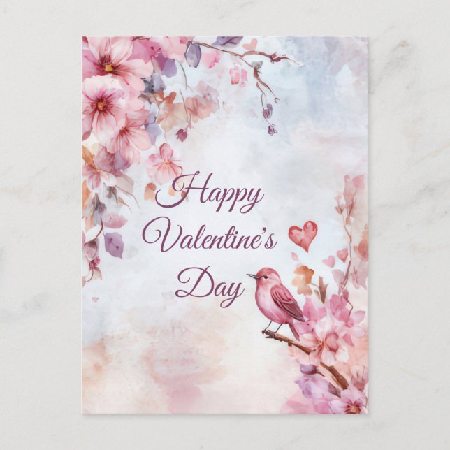 Bird with Flowers and Heart Valentine's Greeting Postcard (Front)