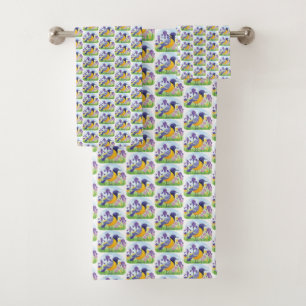 Bird with Iris Flowers Floral Pattern Colourful Bath Towel Set
