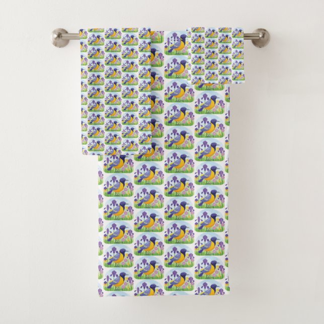 Bird with Iris Flowers Floral Pattern Colourful Bath Towel Set (Insitu)
