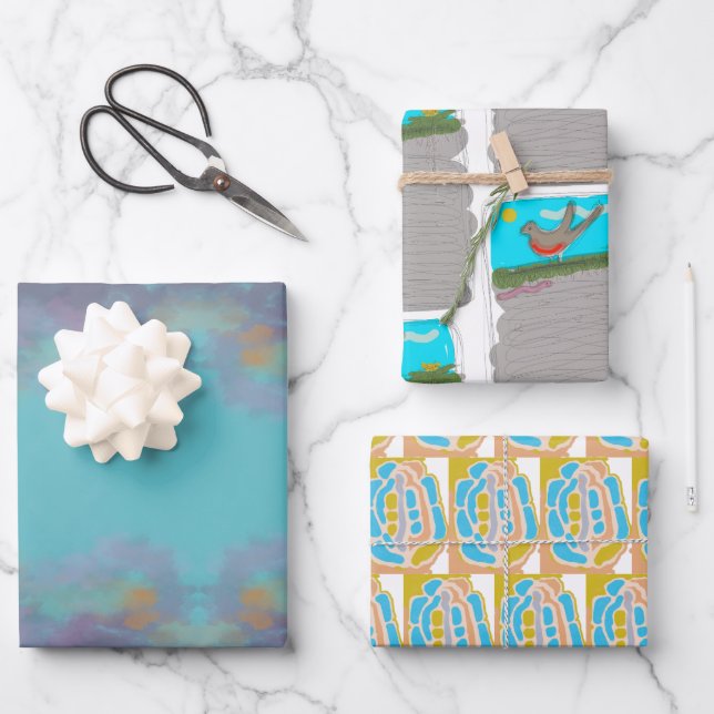 bird with worm, sky with clouds, wrapping paper (Front)