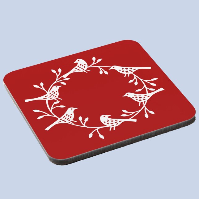 Bird Wreath Modern Scandinavian Coaster (Red and white Scandinavian bird wreath festive coaster)
