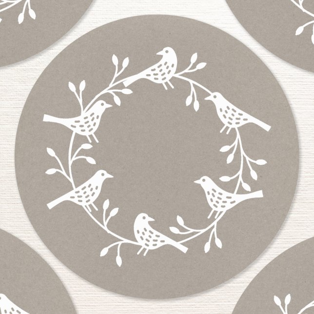 Bird Wreath Modern Scandinavian Style Classic Round Sticker (Scandinavian bird wreath sticker)