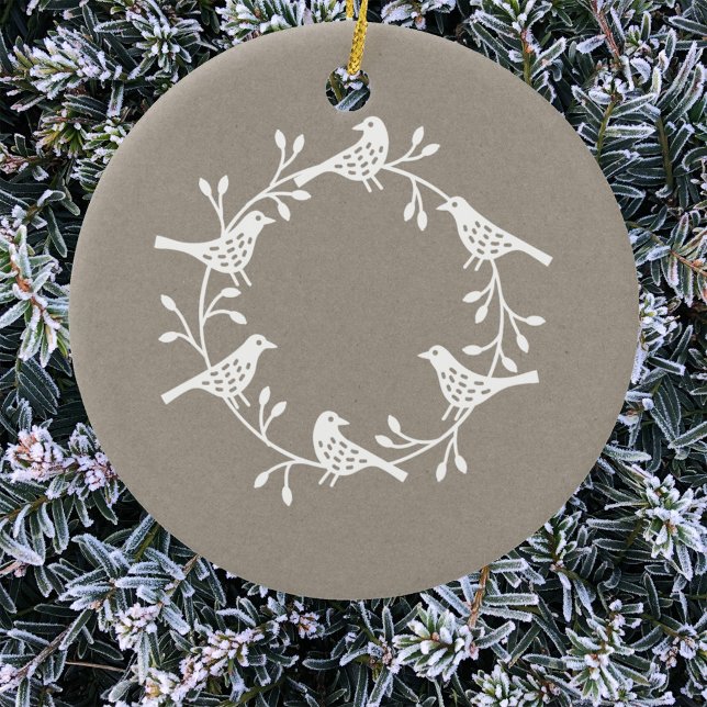 Bird Wreath White on Neutral Modern Scandi Ceramic Tree Decoration (Nordic Scandinavian bird wreath ornament)