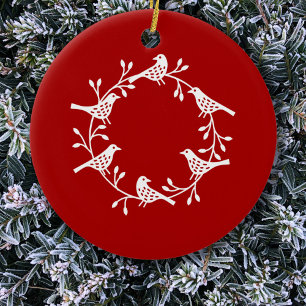 Bird Wreath White Red Ceramic Tree Decoration