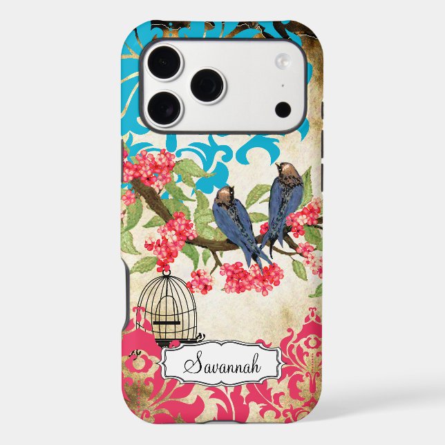 Birdcage Bird Pink Coral Aqua Damask  (Back)