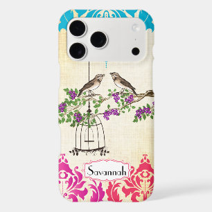 Birdcage Bird Pink Coral Aqua Damask 