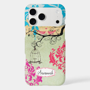 Birdcage Bird Pink Coral Aqua Damask 
