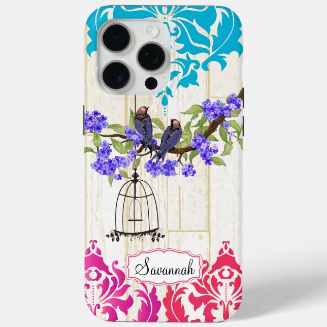 Birdcage Bird Pink Coral Aqua Damask iPhone Case (Back)