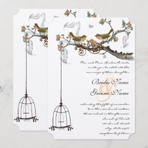 Birdcage Coral & Grey Vintage Birds Wedding Invite