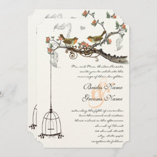 Birdcage Coral & Grey Vintage Birds Wedding Invite