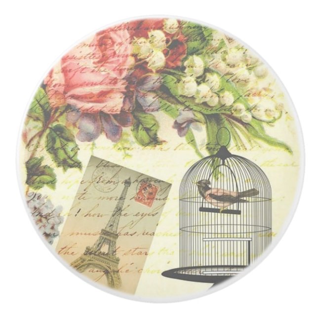 Birdcage Eiffel Tower French Flowers Ceramic Pull (Front)
