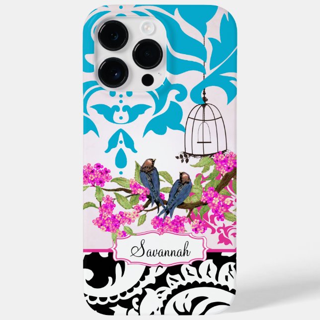 Birdcage Love Bird Pink Aqua Damask iPhone Case (Back)