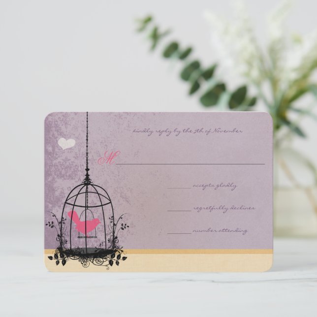 Birdcage Pink and Eggplant Wedding Invitations (Standing Front)