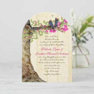 Birdcage Pink Navy Vintage Birds Wedding Damask Invitation