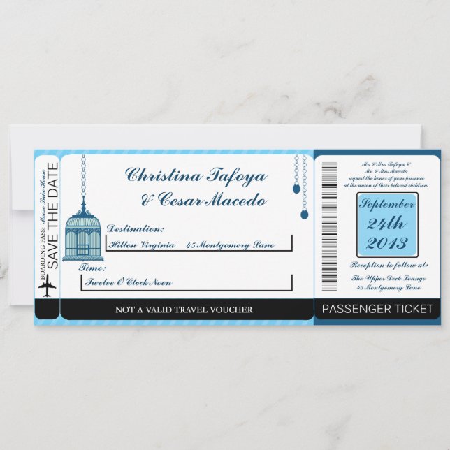 Birdcage/Pink Str Boarding Pass Wedding Invitation (Front)