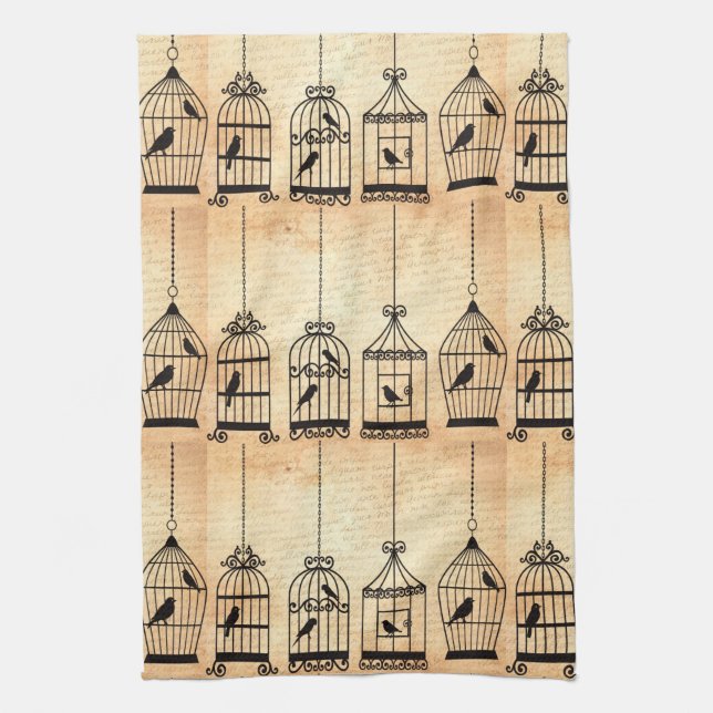 Birdcage Silhouettes Tea Towel (Vertical)
