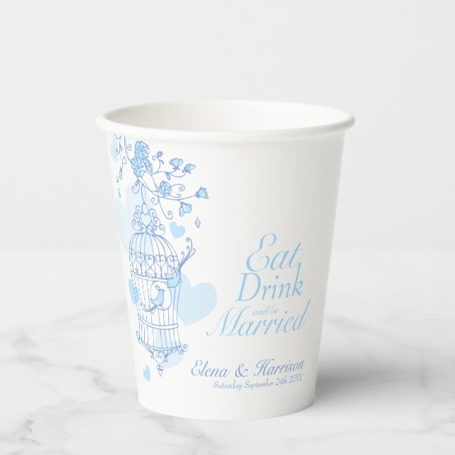  Birdcage wedding custom name blue and white Paper Cups (Front)